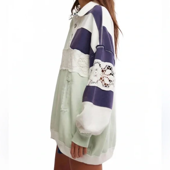 We The Free American Dream Polo Long Sleeve Sweatshirt Colorblock Green Blue S - Picture 2 of 15